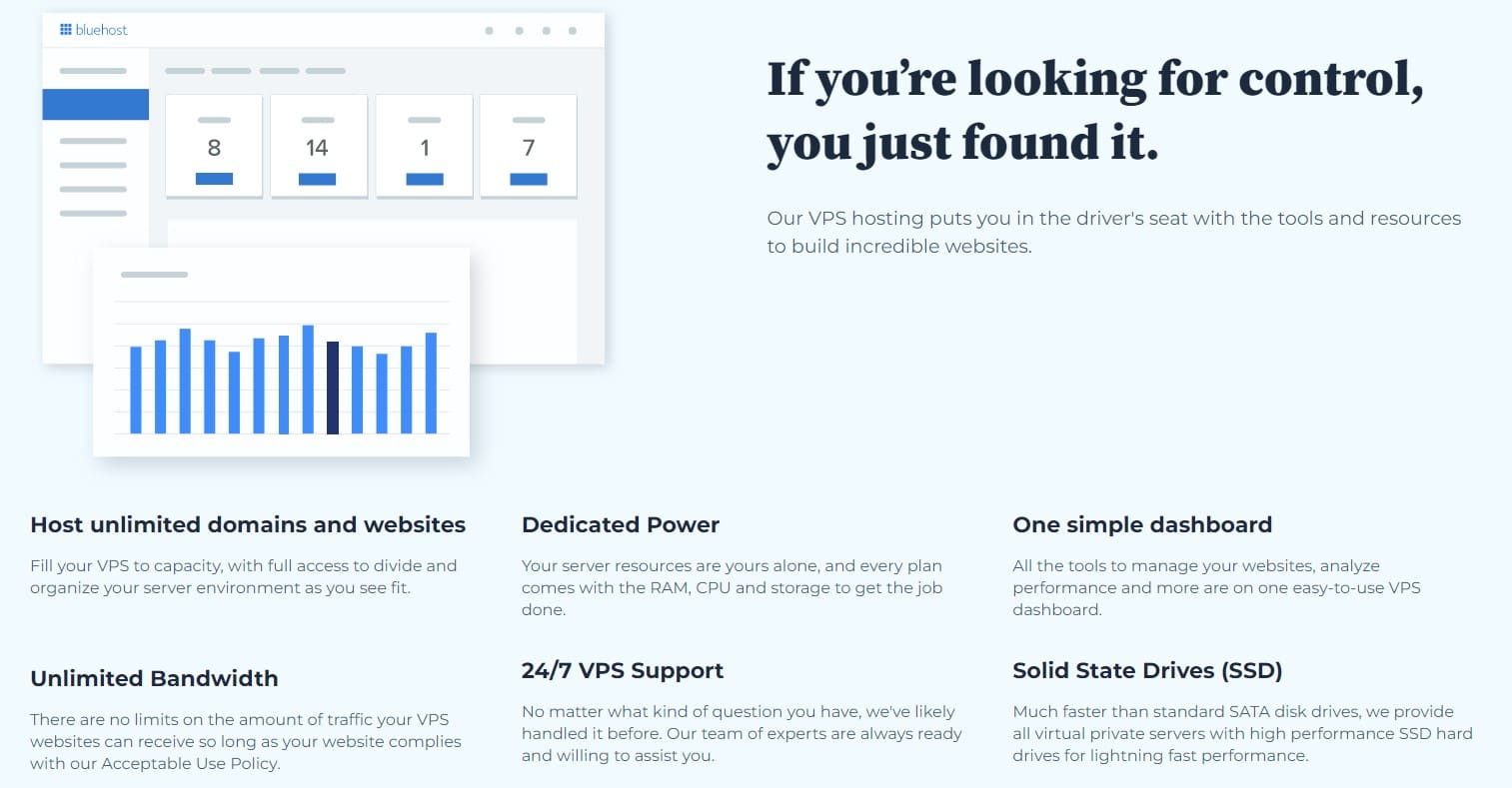 Die VPS-Hosting-Angebote von Bluehost bieten eine Reihe von Vorteilen.