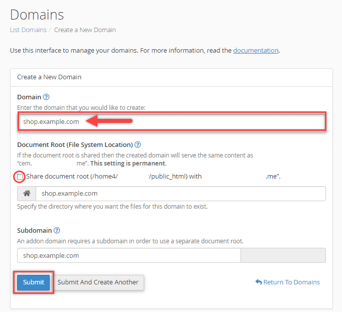Registerkarte "Subdomain