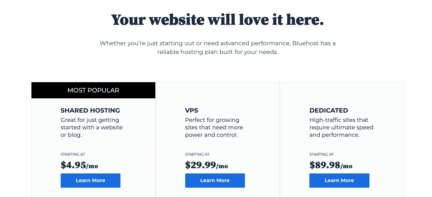 Es gibt mehrere erschwingliche Hosting-Pläne von Bluehost.