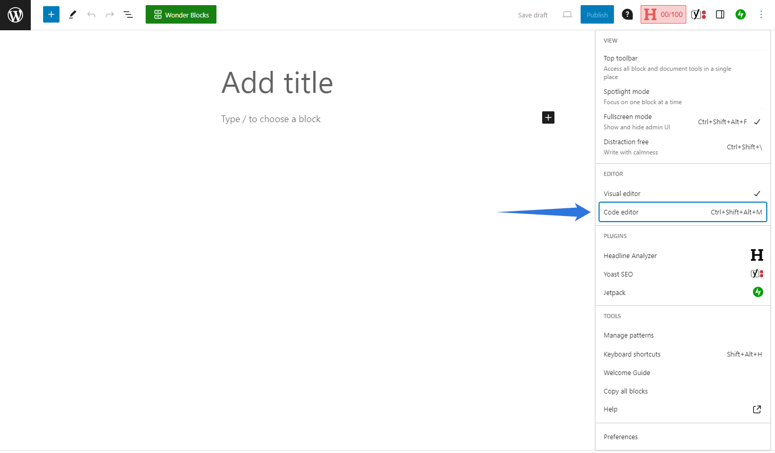 Sie können den Code-Editor auch innerhalb des Block-Editors aufrufen.