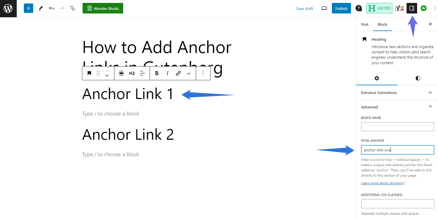 Sie können den Block-Editor verwenden, um Anker-ID-Attribute in WordPress hinzuzufügen.