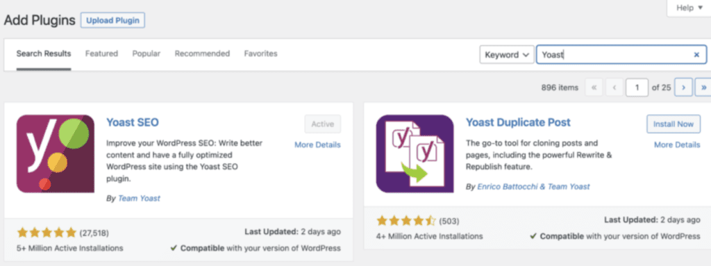 Hinzufügen von Yoast SEO aus der Liste der Plugins