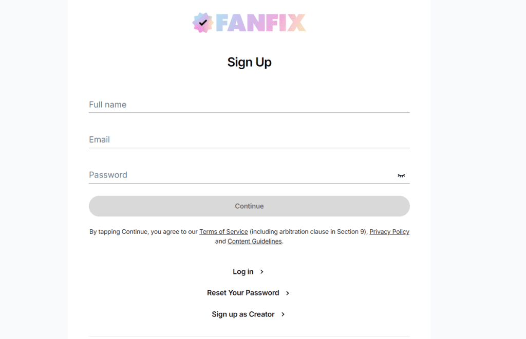 Fanfix-Anmeldeseite