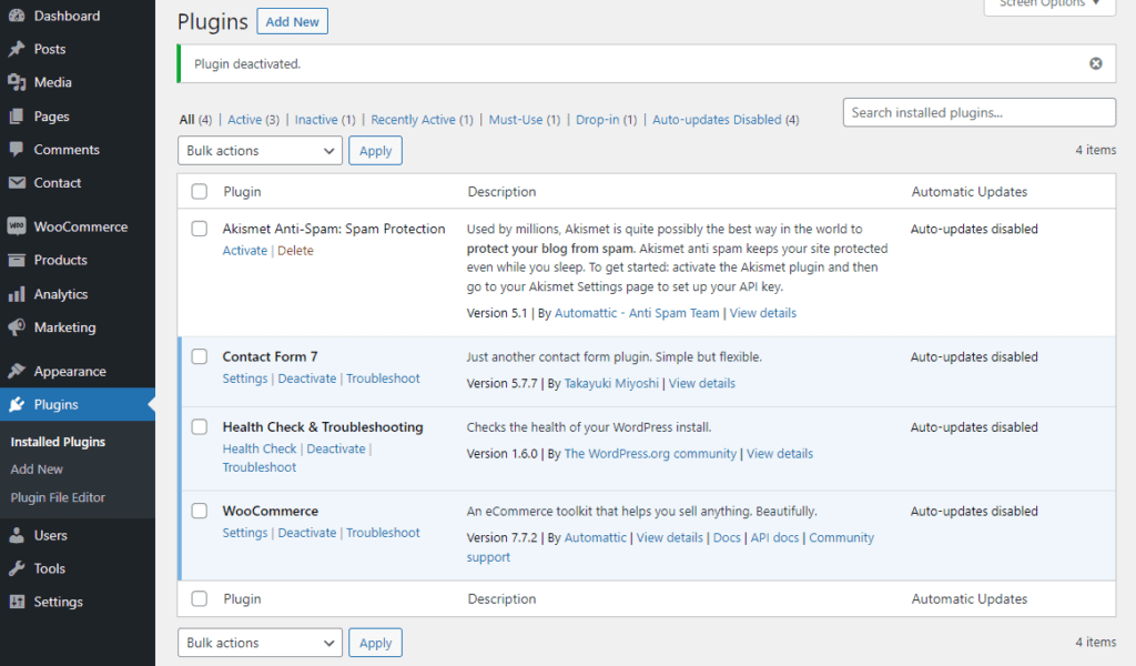 Deaktivieren von Plugins in WordPress